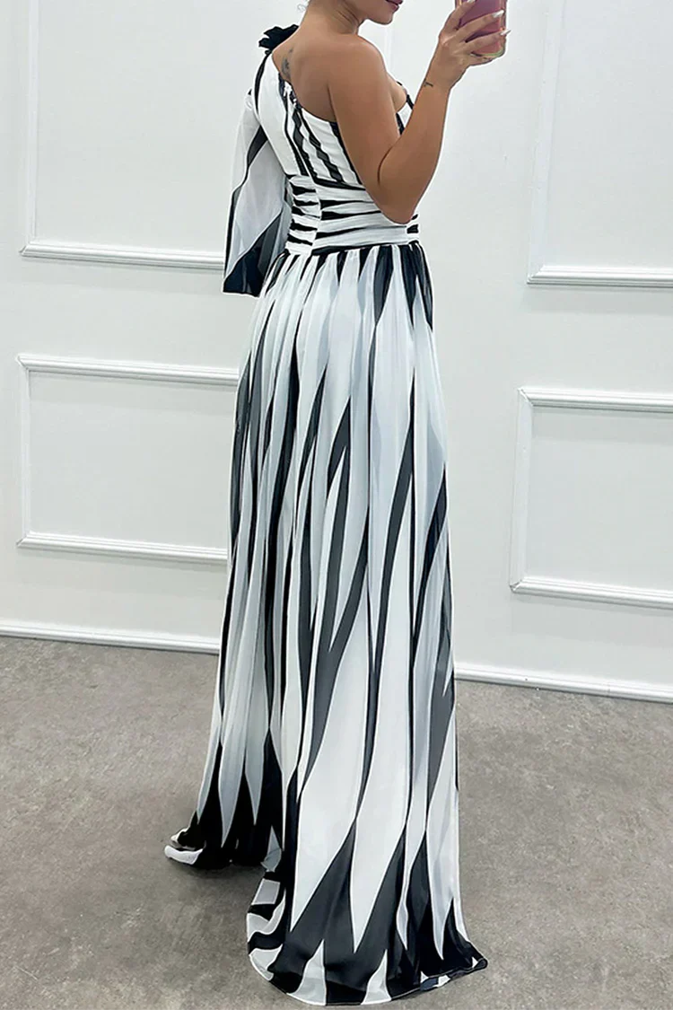 Indigo | Elegant Striped One Shoulder Maxi Dress