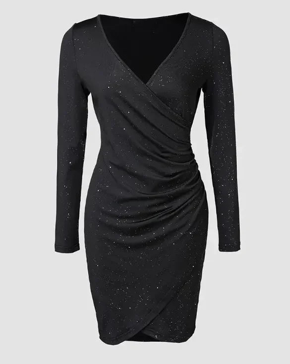 Elegant Black V-Neck Long Sleeve Mini Dress with Glitter Detail - Stretchy Polyester  Ruched Cocktail Party Gown for Women, Cock