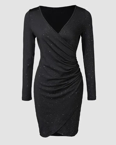 Elegant Black V-Neck Long Sleeve Mini Dress with Glitter Detail - Stretchy Polyester  Ruched Cocktail Party Gown for Women, Cock