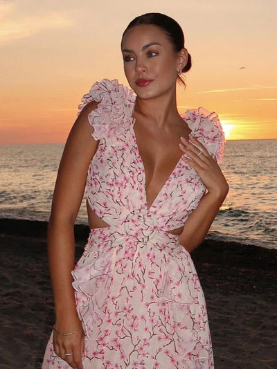 Selene - Elegant Backless Ruffles Maxi Dress