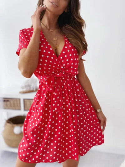 Summer Women's Polka Dot Printed Short Sleeved Casual Dress Fashionable V-neck Belt Commuting Dress Holiday Party Women's Dress