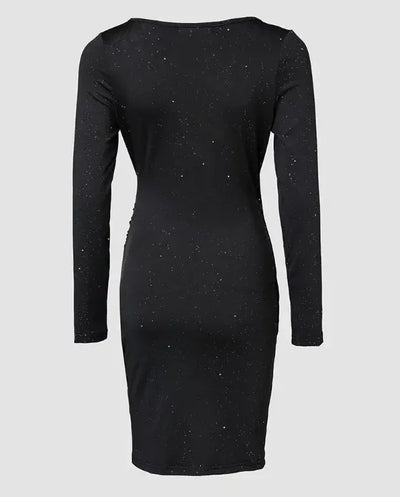 Elegant Black V-Neck Long Sleeve Mini Dress with Glitter Detail - Stretchy Polyester  Ruched Cocktail Party Gown for Women, Cock
