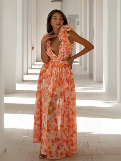 Angel | Elegant Backless Ruffles Maxi Dress